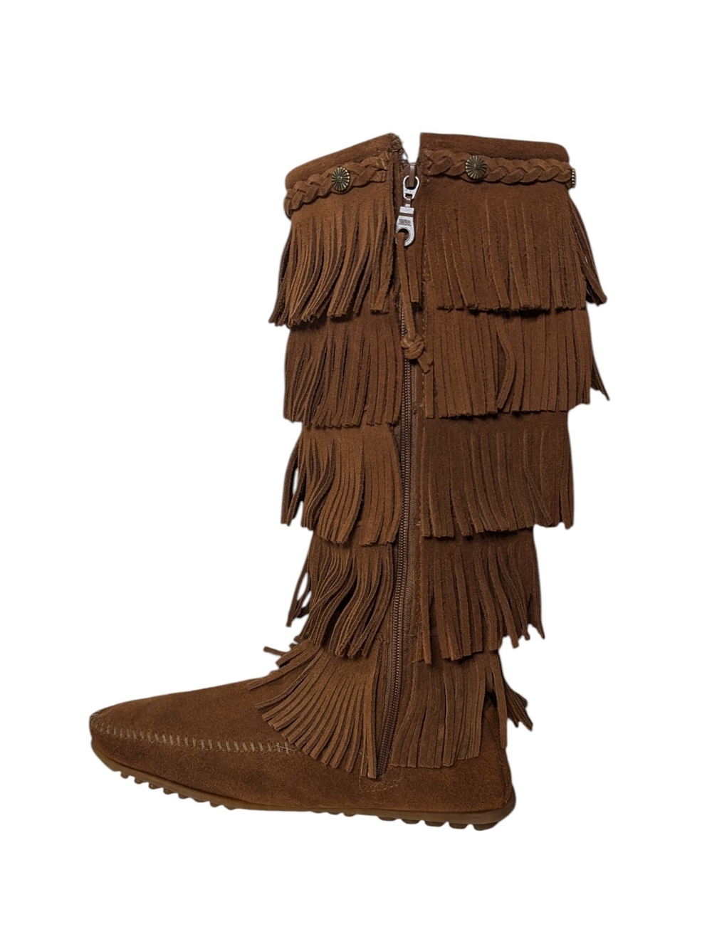 Minnetonka Brown Suede Knee-High 5 Layer Fringe Moccasin Boots - Picture 7 of 13